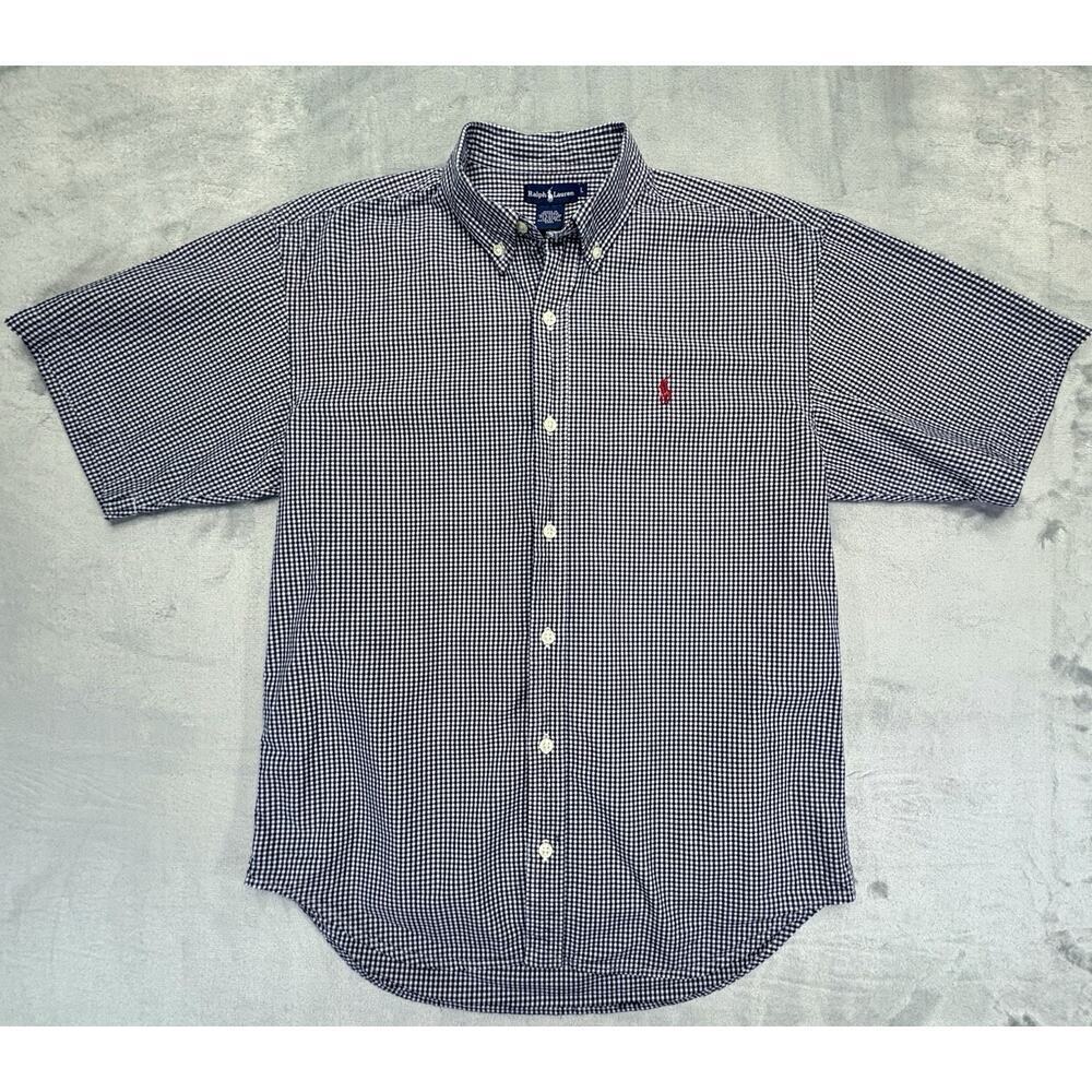RALPH LAUREN Boys Navy L Gingham Short Sleeve Button Down Shirt Red Pony - Picture 1 of 7